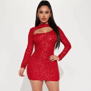 Women Sequin Long Sleeve Mini Dress Sexy Round Neck Cut Out Bodycon Party Dress Elegant Solid Red Shiny Night Clubwear
