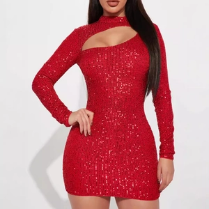 Elegant red sequin mini dress with long sleeves and cutout neckline detail