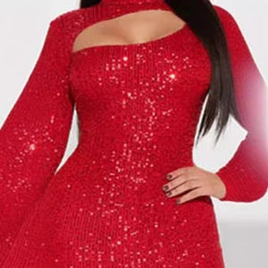Sparkly red sequin mini dress featuring long sleeves and unique cutout round neckline