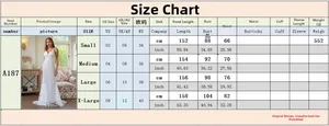 Detailed size guide table for elegant white lace evening dress with floral embroidery