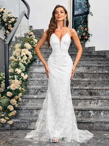 Women Sexy Deep V-Neck Sleeveless White Lace Floral Embroidery Fishtail Trailing Wedding Dress Evening Banquet Party Long Gown