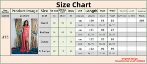 Detailed size chart for pink split satin evening dress including US and EU measurements