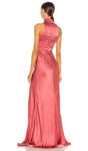 Back view of elegant rose pink satin maxi gown with halter neck and slim fit silhouette