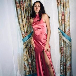 Elegant rose pink satin cheongsam dress with halter neck and side slit for bridesmaids