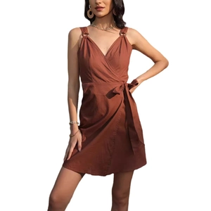 Women's deep V-neck sleeveless wrap dress in brown with metal ring details and waist tie