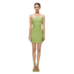 Lime green bodycon halter neck mini dress made of textured seersucker fabric