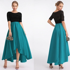 Women Elegant Lace Satin Patchwork Evening Gown Round Neck High-Low Midi Dress For Wedding Party Banquet Ladies Formal Dress