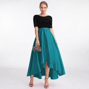Elegant raglan sleeve evening dress with black lace bodice and blue satin skirt