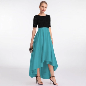 Slim fit lace bodice dress with high-low hem in teal and black for social events
