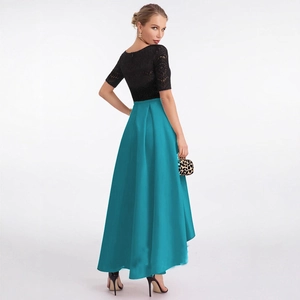 Elegant two-piece evening gown with black lace top and teal satin high-waist pleated skirt