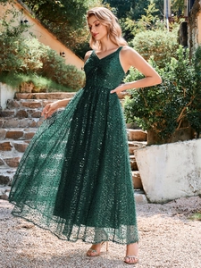 Elegant dark green V-neck sleeveless sequin evening maxi dress with layered mesh skirt