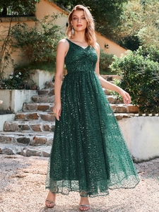 Elegant emerald green V-neck sleeveless midi dress with silver wavy sequin patterns