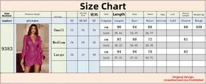 Detailed size chart for the V-neck sequined party dress including cm and inch measurements
