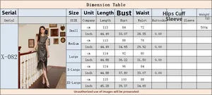 Size chart for model X-082 sequined tassel dress showing length, bust, waist, and hip data