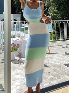 Women's Striped Knitted Maxi Dress Colorful Colorblock Backless Cutout Slim Fit Sleeveless U-Neck Vacation Beach Bodycon Long Dress