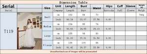 Detailed size chart for white French v-neck dress with length, bust, and waist dimensions