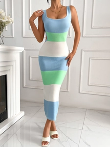 Striped sleeveless backless bodycon knit maxi dress for beach vacations