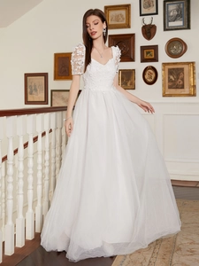 French Elegant White V Neck Lace Mesh Evening Dress Backless A-Line Floor Length Puff Sleeve Wedding Party Dress For Women