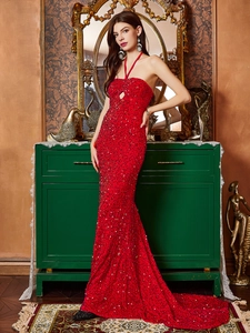 Elegant Red Sequin Halter Evening Dress For Women Sexy Backless High Slit Fishtail Maxi Gown For Party Banquet Wedding Guest