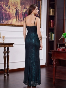 Elegant dark green sequin backless evening gown with a slim fit and floor-length design