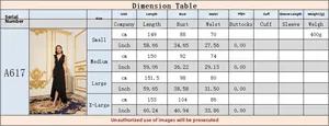 Size chart table with length and bust measurements for a deep V-neck evening maxi dress
