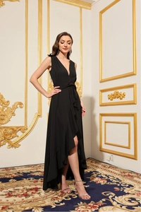 Elegant black deep V-neck sleeveless maxi dress with a waist bow tie and ruffled hem details