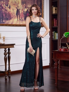 Women Sexy Sequin Spaghetti Strap Evening Dress Slim Fit Side Slit Sleeveless Long Party Gown Formal Dress For Women