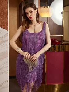 Elegant purple fringe dress for women, sleeveless slim fit party dress with tassels