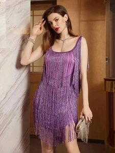 Vintage Purple Fringe Sequin Sling Dress For Women Sexy Slim Fit Mini Party Dress Elegant Formal Evening Gown