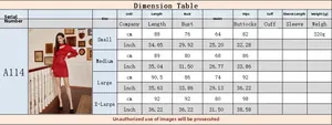 Detailed size chart for red sequin mini dress showing length, bust, waist, and hip measures