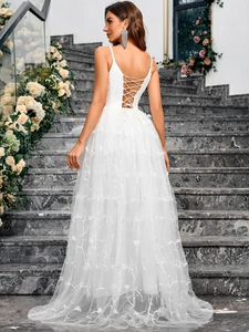 Elegant white backless V-neck tulle evening gown with floral embroidery and lace-up back