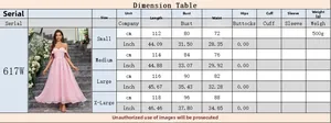 Size chart for elegant evening dress showing bust, waist, and length measurements in cm/in