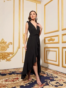 Elegant black deep V-neck sleeveless dress with asymmetric ruffle hem and waist tie