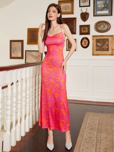 Women Elegant Floral Print Satin Cami Maxi Dress Cowl Neck Slim Fit Backless Evening Party Banquet Long Dress