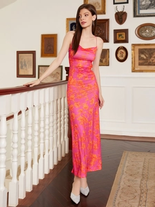 Slim fit floral satin long dress with spaghetti straps and elegant cowl neck for women