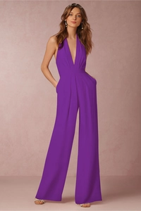 Detail view of purple wide-leg jumpsuit featuring elegant V-neck and functional side pockets