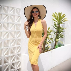 Sleeveless yellow V-neck bodycon midi dress with button detail for summer resort style