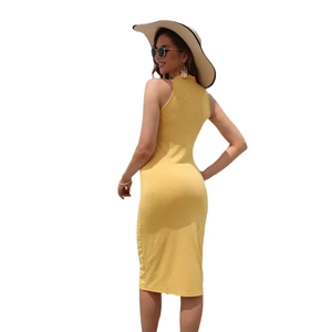 Sleeveless yellow knit bodycon midi dress with vertical ribbed texture and high neckline