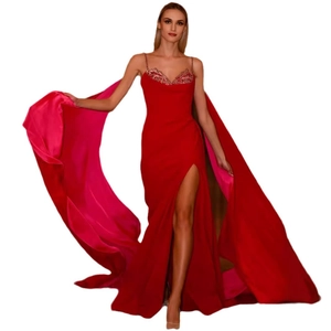 Elegant red V-neck floor-length evening gown with high slit and matching satin shawl