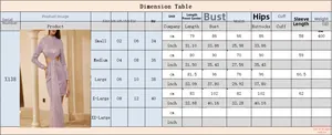 Detailed size chart with international measurements for long sleeve bodycon party dress