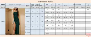 Detailed size chart for strapless green sequin dress with bodycon fit measurements