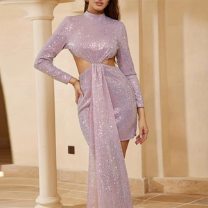 Lilac sequined long sleeve midi dress with side cutouts and elegant draping detail