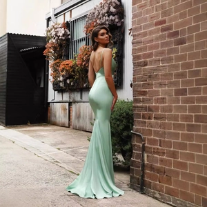 Elegant mint green backless satin mermaid maxi dress with spaghetti straps for women