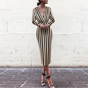 Women Striped Deep V Neck Long Sleeve Midi Dress Slim Fit Bodycon Wrap Evening Party Clubwear Pencil Dress Work Office