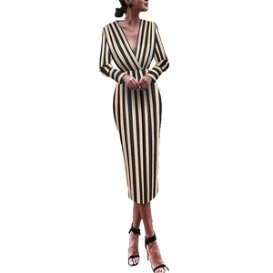 Sexy deep V-neck striped long sleeve midi dress with slimming vertical patterns