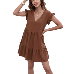 Elegant coffee brown V-neck ruffle sleeve tiered dress for summer fashion women