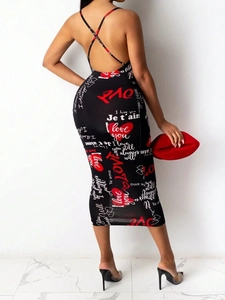 Detail of cross back design and multi-language heart print on a sleeveless bodycon dress