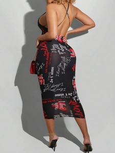 Macro view of backless detail on a bodycon dress with red heart and multilingual prints