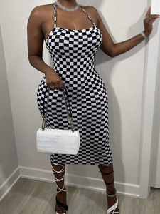 Detail of checkered bodycon dress with high-elastic fabric and halter strap design