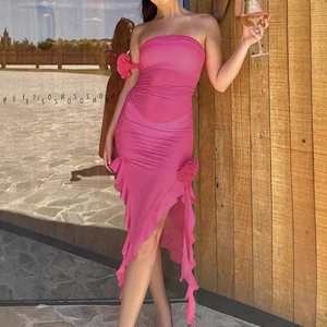 Sexy Robe Midi Bodycon Bustier Avec Fleur 3D Plissé Ourlet à Volants Fente Rose Bonbon Coupe Ajustée Soirée Femme